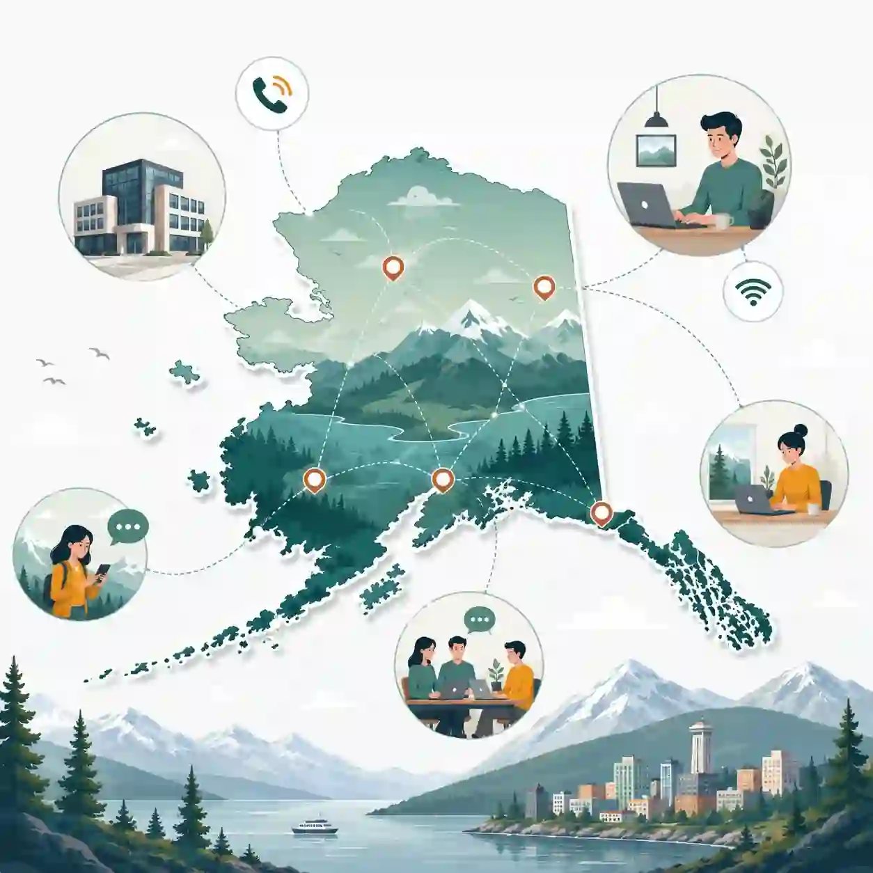 Alaska state outline with icons for mobile, office, remote team and call center connected to a central phone pin